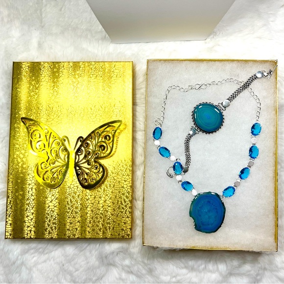 925 Blue Solar Quartz & Blue Topaz Necklace and Bracelet Set - Picture 5 of 6